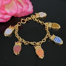Vintage Owl Micro Mosaic Charm Gold Tone Chain Link Bracelet Italy - £39.27 GBP