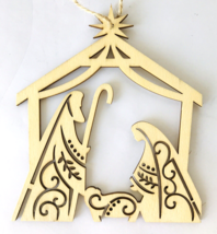 Christmas Ornament Wood Manger Nativity Creche Scene Jesus Mary Joseph in Stable - $9.74