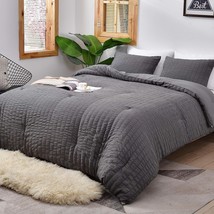 Avelom Seersucker Queen Comforter Set, Grey, 3 Pcs., 100% Soft Washed Microfiber - £47.10 GBP