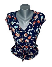 LeLis Navy Floral Print Short Sleeve Top With Tie Shirt Size Medium  - £7.88 GBP