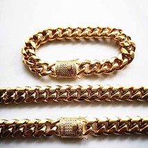 8/10/12/14mm Hip Hop Stainless Steel Mens Miami Cuban Link Gold CZ Chain Necklac - £75.42 GBP