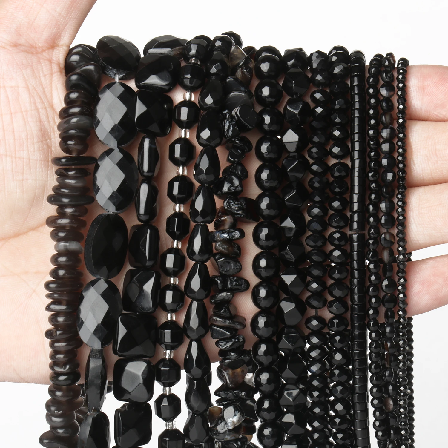 Natural Stone Black Onyx Round Faceted Irregular Agates Smooth Rondelle Beads - £9.28 GBP+