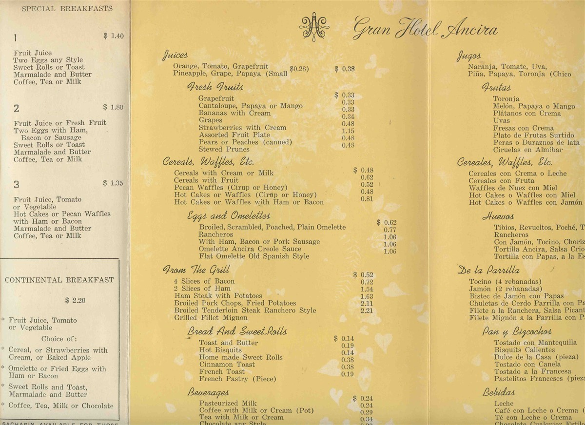 The Grand Hotel Ancira Menus & Receipts Monterrey Mexico 1960 Menus