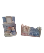 Vintage copperart figurine / statue set Girl Sleeping bed, doll, bear, cat, - $29.82 CAD
