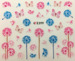 Nail Art 3D Decal Stickers Pink &amp; Blue Dandelion &amp; Butterflies E399 - £2.49 GBP
