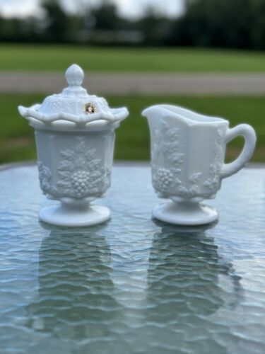 Westmoreland Milk Glass Paneled Grape Creamer And Lace Edge Sugar With Lid - $38.10