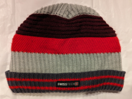 Swiss Tech Knit Winter Beanie Hat - Striped Red,Gray, Maroon- Fleece Lin... - £7.66 GBP