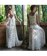 V-neck lace belt bow neckline long skirt beach holiday white maxi dress - $56.32 CAD