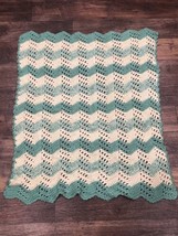 Green White Afghan Crochet Blanket Throw 32” Wide X 43” Length - £13.96 GBP