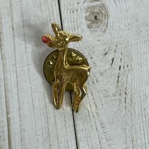Vintage Goldtone Reindeer with Red Nose Rudolph Christmas Holiday Lapel Hat Pin - £5.76 GBP