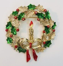 GERRY&#39;s Brooch Christmas Wreath with Candle Enamel Holiday Pin Gold Tone - £12.58 GBP