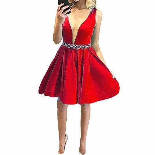 Kivary Satin Sheer V Neck Beaded Waist Formal Prom Homecoming Party Dresses Red