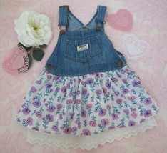 OshKosh Vestbak Overall Dress 3T Denim Pink Floral Layered Skirt Eyelet Ruffle - £15.73 GBP