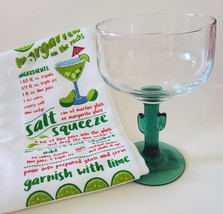 Margarita Glass and Kitchen Towel, Green Cactus Stem 16oz Drinks Recipe Gift image 1