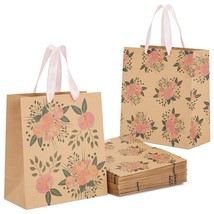 24 Pack Kraft Paper Floral Gift Bags with Pink Ribbon Handles, 2 Designs, 9 x 8&quot; - £25.94 GBP