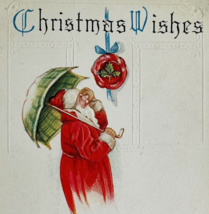 Santa Claus with Umbrella Looking at Mistletoe Antique Christmas Xmas Po... - £7.83 GBP