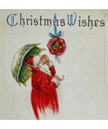 Santa Claus with Umbrella Looking at Mistletoe Antique Christmas Xmas Po... - £7.76 GBP