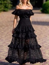 Women&#39;s Ruffled Full Length  Hollowed Off Shoulder Black Lace Party Dress S-2XL - £46.26 GBP