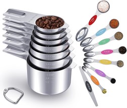 Stainless Steel Measuring Cups and Spoons Set of 15 - Includes 7 Nesting Metal M - £32.76 GBP