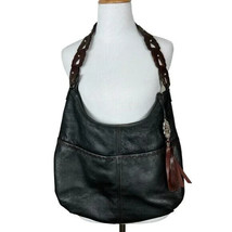 Brighton Kodiak Shoulder Bag Black Pebbled Leather Hobo Brown Strap Pockets Zip - £71.92 GBP