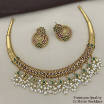Indian Bollywood Style Gold Plated Emerald Choker Hasli Necklace Earrings Set - £76.17 GBP