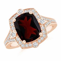 ANGARA Art Deco Inspired Cushion Garnet Ring with Diamond Halo - £836.38 GBP