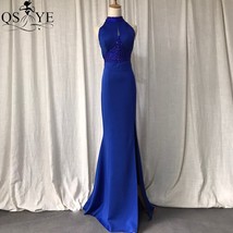 Royal blue evening dresses mermaid high neck prom gown crystal bead party dress stretch thumb200