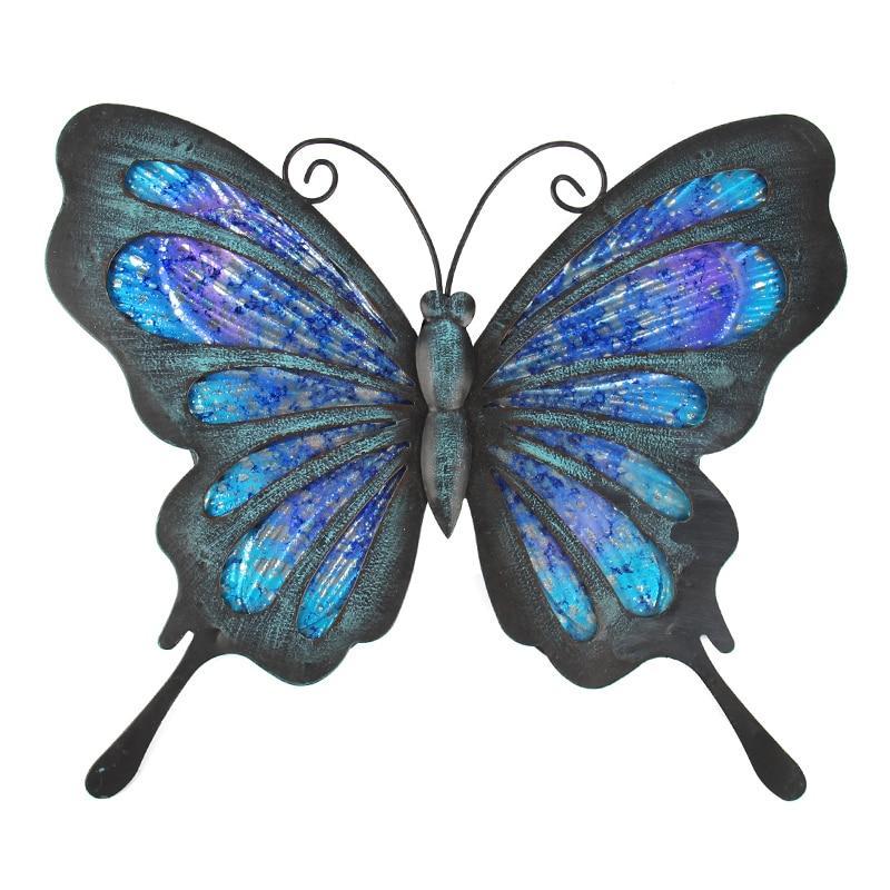 Handmade Blue Metal Butterfly Wall Artwork for Garden Decoration Miniatures Stat