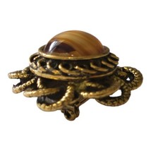 Tigers Eye Glass Brooch Baroque Rococo Pin Antique Gold Tone Ornate Vint... - $24.73