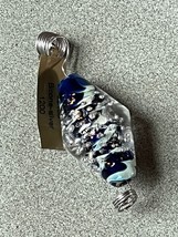 Blue &amp; Clear Bubbly Fused Art Glass Bead w Coiled Silvertone Wire Bail Pendant – - £8.99 GBP
