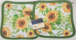 Set of 2 Same Printed Kitchen Pot Holders, 7&quot;x7&quot;, SUNFLOWERS with green ... - $7.91