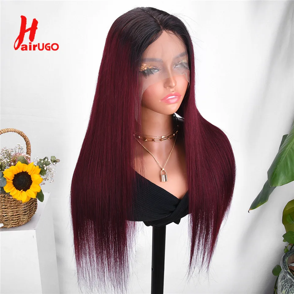 T1B/99J Lace Closure Wig Brazilian Burgundy Straight Human Hair Wigs Remy 13x1 - £56.59 GBP+