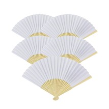 5pcs White Paper Fans Lot of 5 Five Folding Hand Fan Pocket Purse Wedding Bamboo - £7.07 GBP