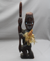 Vintage Maori Tiki - Fierce Warrior Hold Spear - Hand Carved From Wood - $135.00