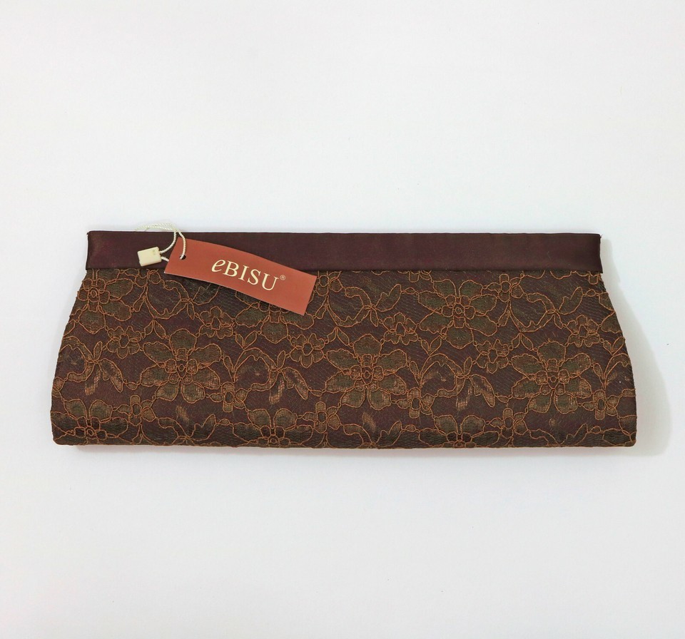eBISU Brown Lace &amp; Satin Clutch Purse 12x4.5x1.25 inches - $18.80