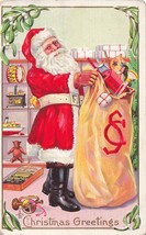 RED SUIT SANTA HOLDS MONOGRAMED BAG FULL OF TOYS~1911 CHRISTMAS POSTCARD - $10.73
