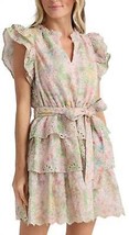 Fate print eyelet lace tiered dress in PINK GREEN - size M - $53.46