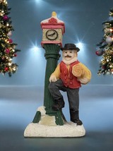 Vintage Christmas Village Figurine Street Clock with Waiting Man Snow Covered - $14.89