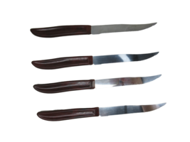 Quikut Stainless Steel 4 Vintage Serrated Steak Knives USA Brown Swirl H... - $15.42