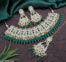 Bollywood Style Kundan Jewellery Necklace Set With Maang Tika Jabells green - £28.08 GBP