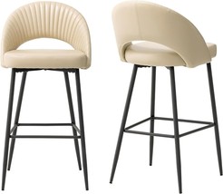 Glitzhome Set of 2 Modern Cream Quilted Leatherette Bar Stool with Metal Tapered - £174.63 GBP