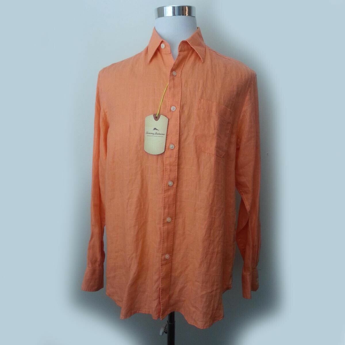 Tommy Bahama Men Linen Shirt Size M ( 22x30x24.5") Costa Sera Orange Long Sleeve - £46.48 GBP