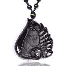 9 Tail Fox Natural Black Obsidian Crystal Carving Protection Amulet Only Pendant - £19.74 GBP