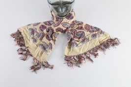 Vintage 40s 50s Rockabilly Paisley Silk Fringed Tassel Scarf Wrap Cream USA - $59.35