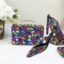 Women wedding shoes And bags Set Multicolored Crystal High heels shoes Pointed T - £152.68 GBP