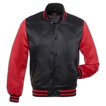 Baseball Letterman College Varsity Bomber Jacket Sports Wear Black Satin Red - £54.48 GBP
