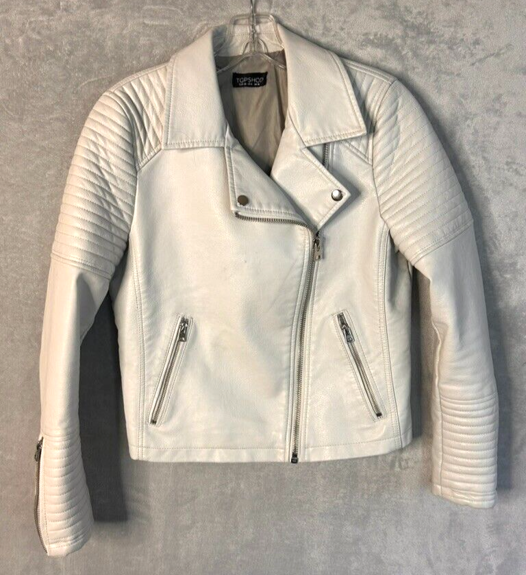 Primary image for Topshop Women's Rosa Faux Leather Biker Moto Jacket off white 6 US