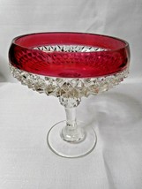 Indiana Glass Diamond Point Tall Candy Dish Ruby Band #0203 Footed Pedestal - $18.89