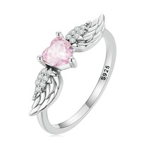 Real 925 Sterling Silver Angle Wing Love Pink Crystal Heart Rings For Women Wedd - $21.10