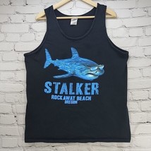 Shark Stalker Tank Top Mens Sz L Rockaway Beach Surf Tee Black Blue Gildan - $14.84